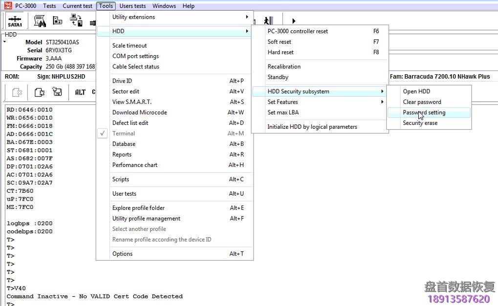 PC3000 for HDD解密老希捷硬盘的ATA密码解密过程 7200.10系列硬盘使用PC3000清除老希捷硬盘的ATA密码清除过程