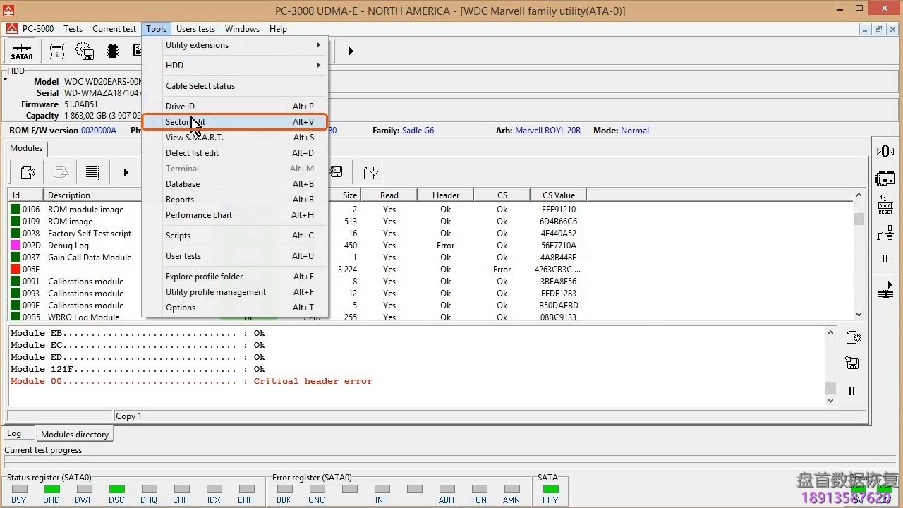 使用PC3000 for HDD在RAM中编辑西数硬盘的磁头位图,虚拟磁头恢复西数硬盘数据 使用PC3000 for HDD在RAM中编辑西数硬盘的磁头位图,虚拟磁头恢复西数硬盘数据