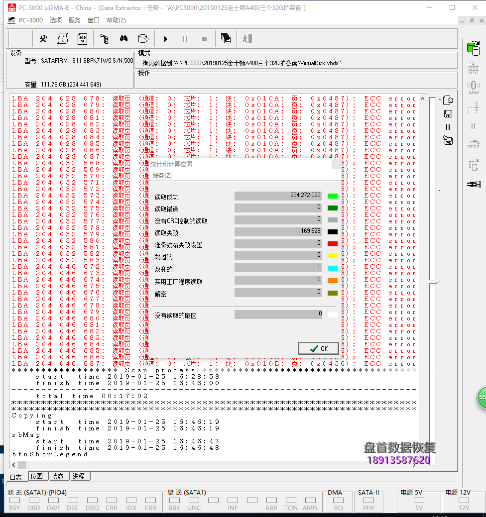 群联Phison主控PS3111(CP33238B)金士顿A400通病固件损坏识别成SATAFIRM S11数据这完美恢复成功