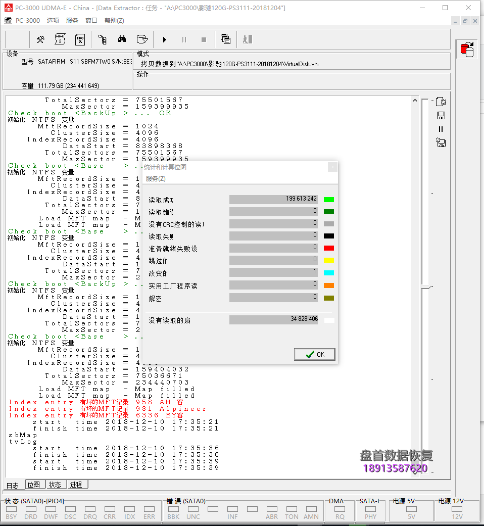 固态硬盘变成SATAFIRM S11型号影驰120G存Flash储芯片损坏了一个通道PS3111数据恢复成功