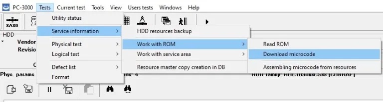 PC-3000 SAS如何使用“下载微码”功能更改固件,型号和供应商